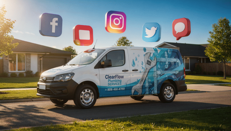 Plumbing service van surrounded by social media icons representing online marketing