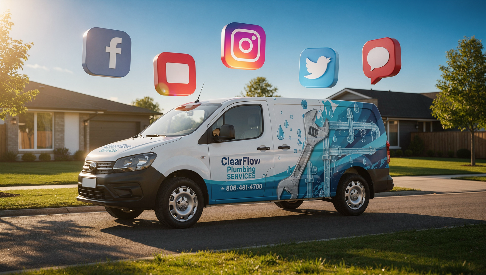 Plumbing service van surrounded by social media icons representing online marketing