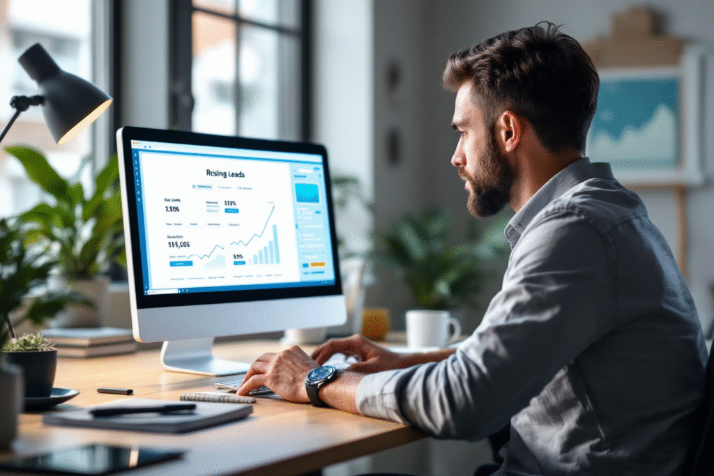 A modern small business owner sitting at a laptop, reviewing a website wireframe with highlighted calls to action, charts in the background showing rising leads, bright and clean office environment