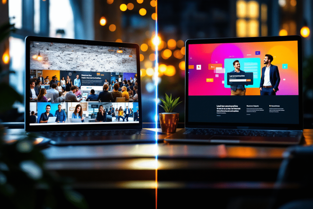 Split screen concept showing a boring outdated website on one side and a sleek, conversion focused modern website on the other, with arrows pointing from visitors to leads, vibrant but professional color scheme