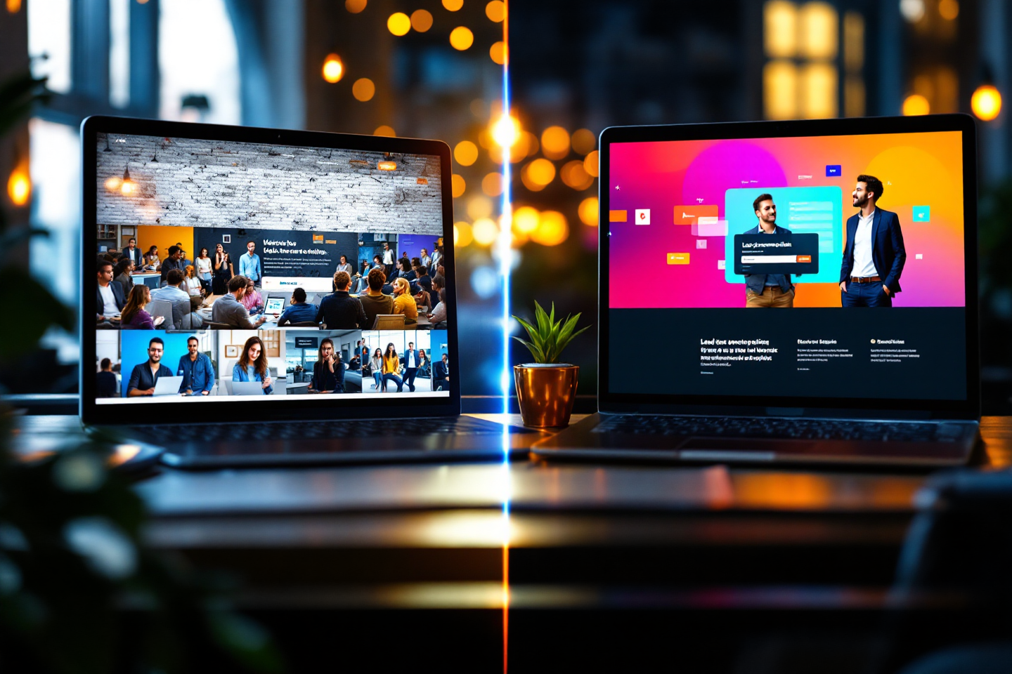 Split screen concept showing a boring outdated website on one side and a sleek, conversion focused modern website on the other, with arrows pointing from visitors to leads, vibrant but professional color scheme
