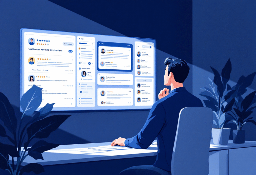 owner of a local business website checking out reviews from his desk to check for more leads