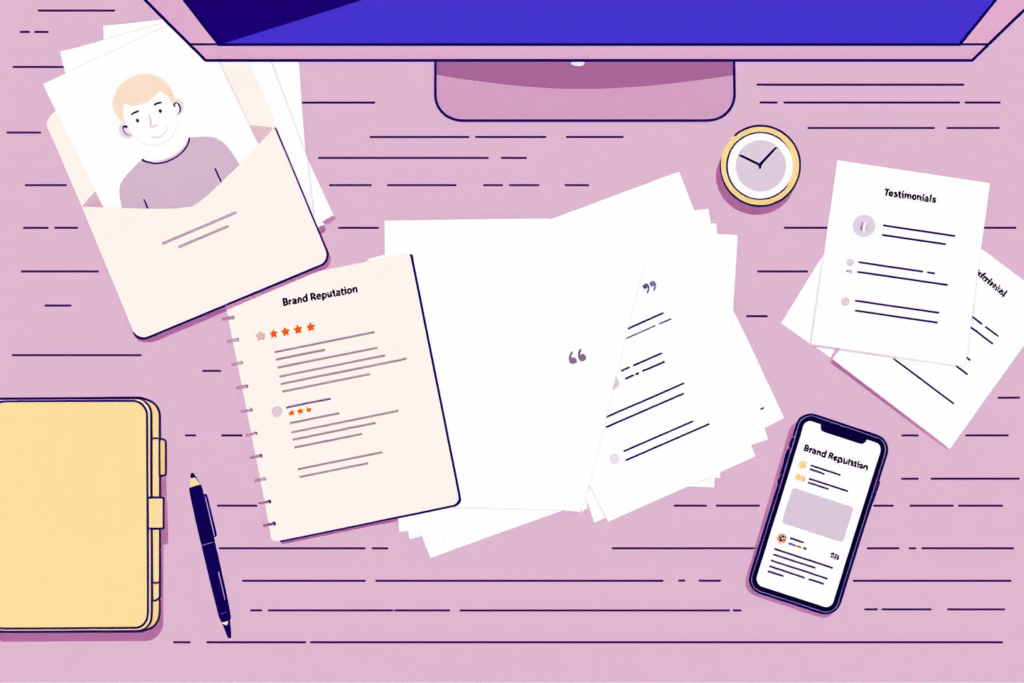 Desk with customer reviews and brand reputation notebook