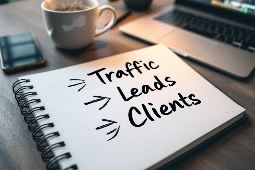 Close up of a notebook with a hand writing “Traffic → Leads → Clients,” arrows connecting each word, beside a phone, coffee, and open laptop on a clean desk, soft depth of field