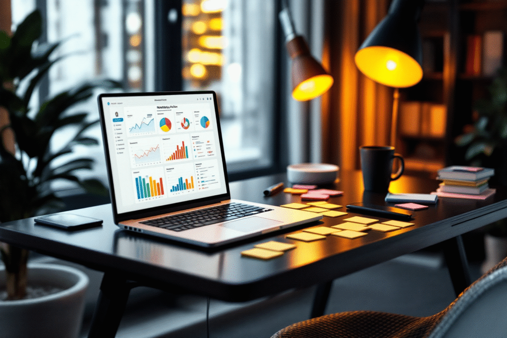 Small business owner reviewing a simple marketing system dashboard on a laptop