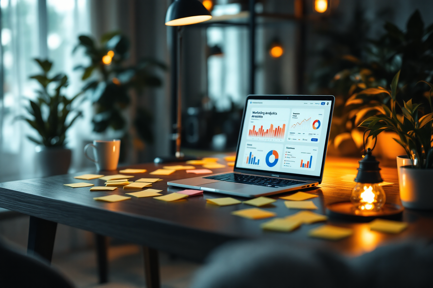 A sleek modern home office with a laptop showing marketing analytics dashboards, sticky notes with arrows forming a funnel, warm lighting, subtle luxury vibe, for a small business marketing blog