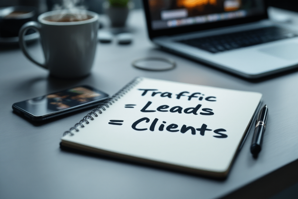 Written marketing funnel showing traffic turning into leads and clients.
