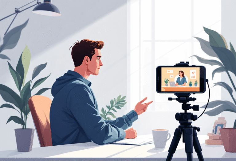 Small business owner recording a TikTok product demo with captions on a phone tripod