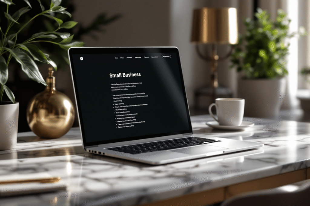 Luxury home office with laptop showing a listicle on a small business website