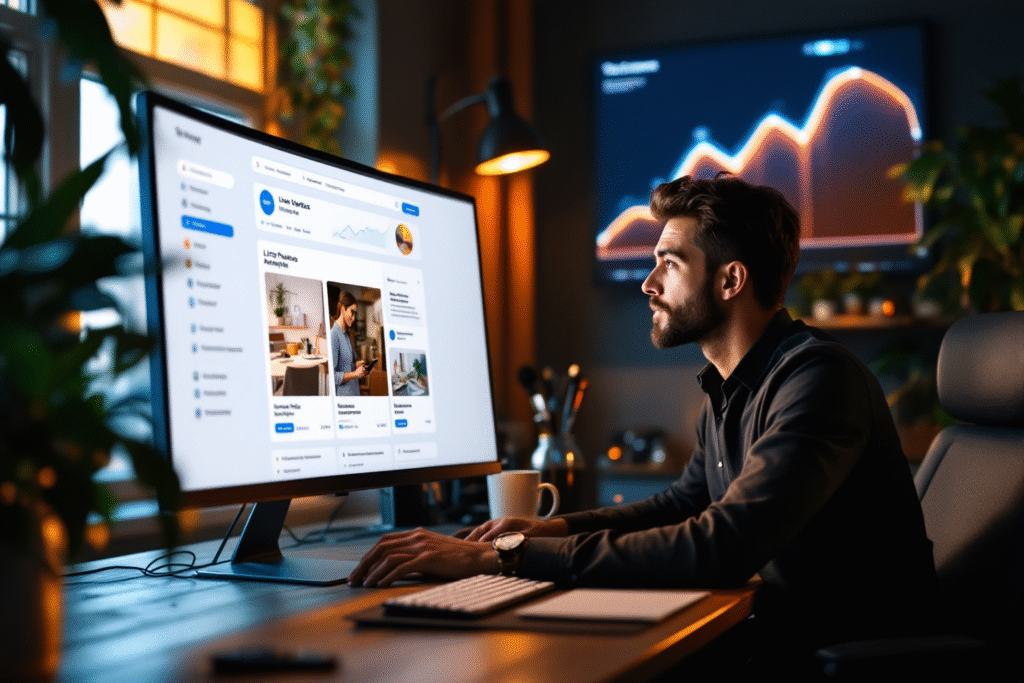Small business owner looking at website analytics and listicle blog performance