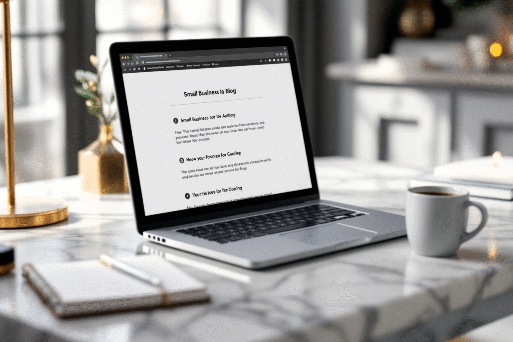 Luxury home office scene with a modern laptop open to a beautiful small business website blog, list style article on screen, soft lighting, subtle gold accents, coffee mug and notebook on a marble desk, clean and professional, high resolution