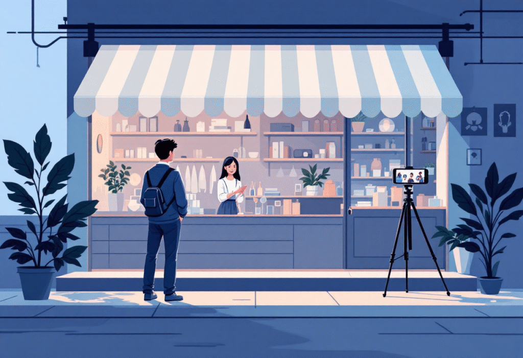 Small business owner recording a product demo video inside a local shop