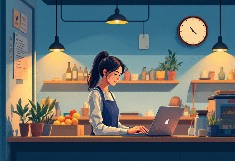 Small business owner at a counter using a laptop to schedule posts, clock on the wall showing early evening, warm ambient shop lighting.