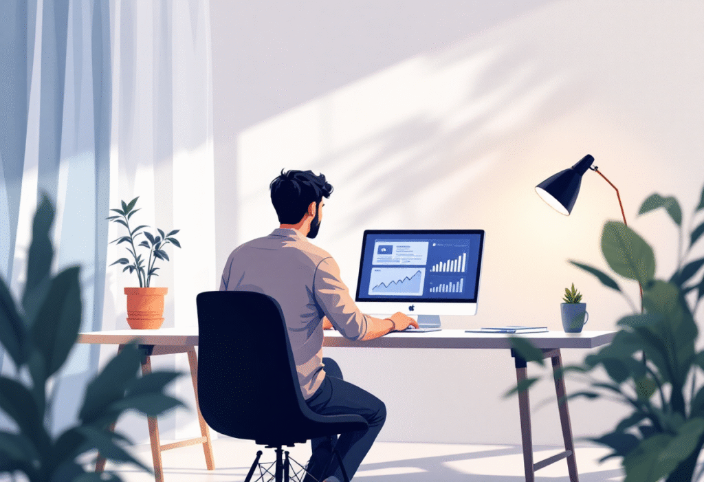 Small business owner analyzing Facebook ad results on a laptop at a bright desk