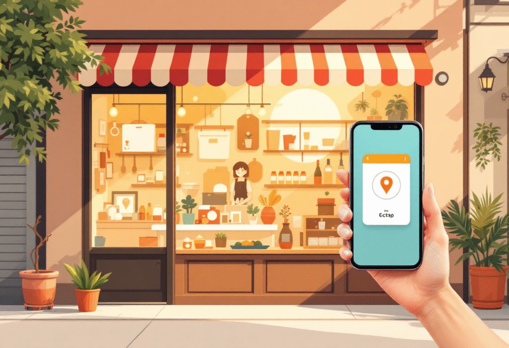 Small shop owner recording outside with a visible geotag sticker on screen