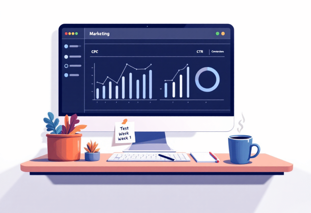 Over-the-shoulder view of a marketing dashboard with CPC, CTR, and conversions charts, sticky note reading Test Week 1, coffee mug and notepad nearby, minimalist style.
