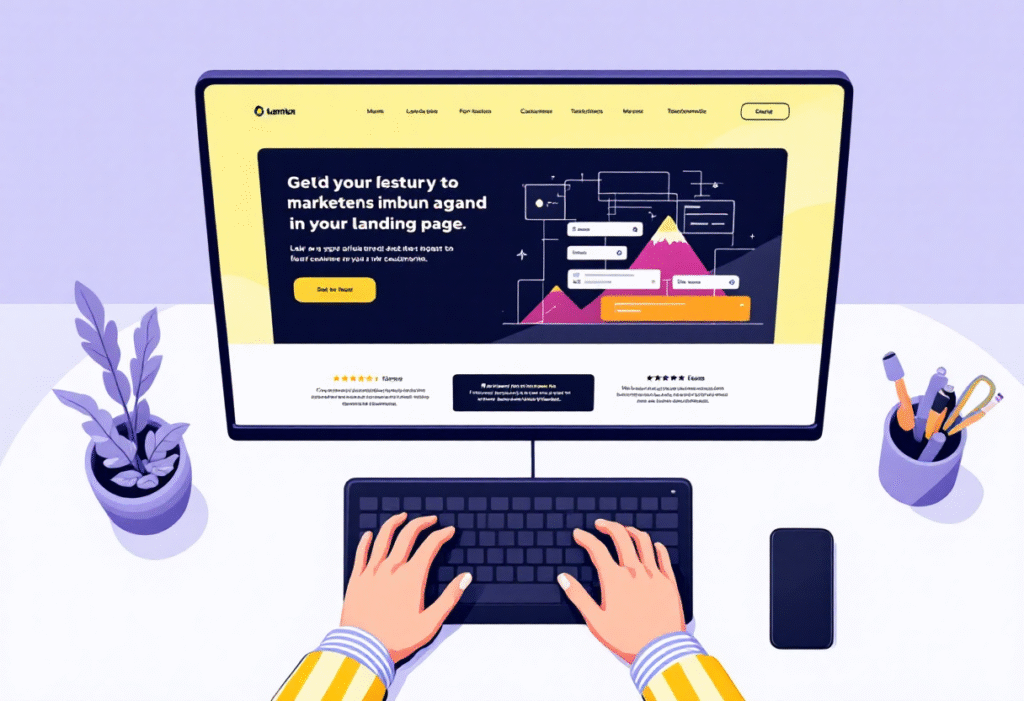 Over the shoulder view of a marketer building a landing page with clear call to action, form fields, and testimonials on a high resolution monitor