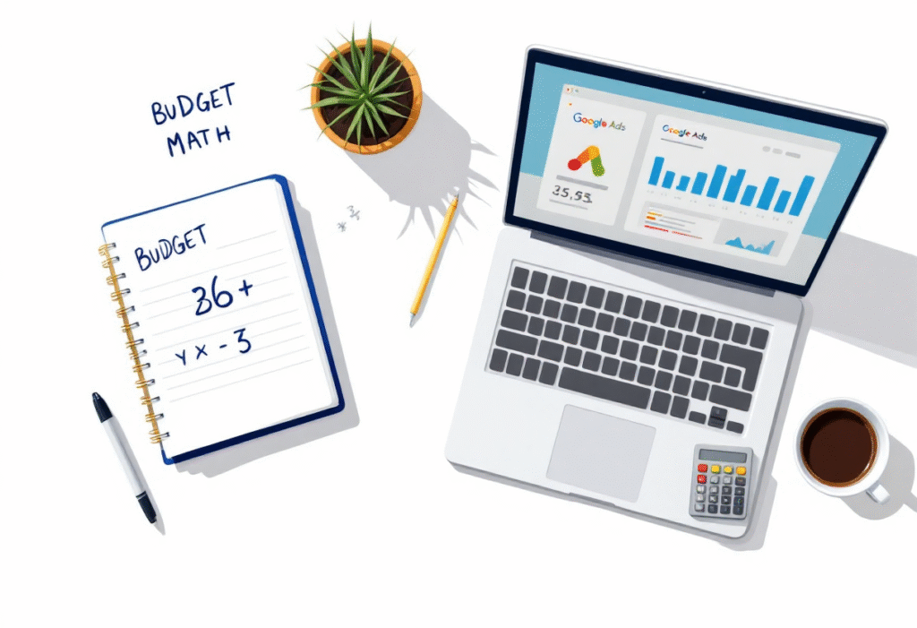 Flat lay of budget notes, Google Ads dashboard, and calculator on white desk