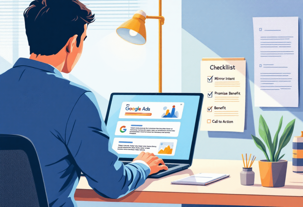 Over-the-shoulder laptop view of a small business owner writing Google Ads headlines with a checklist titled Mirror Intent, Promise Benefit, Call to Action, bright office