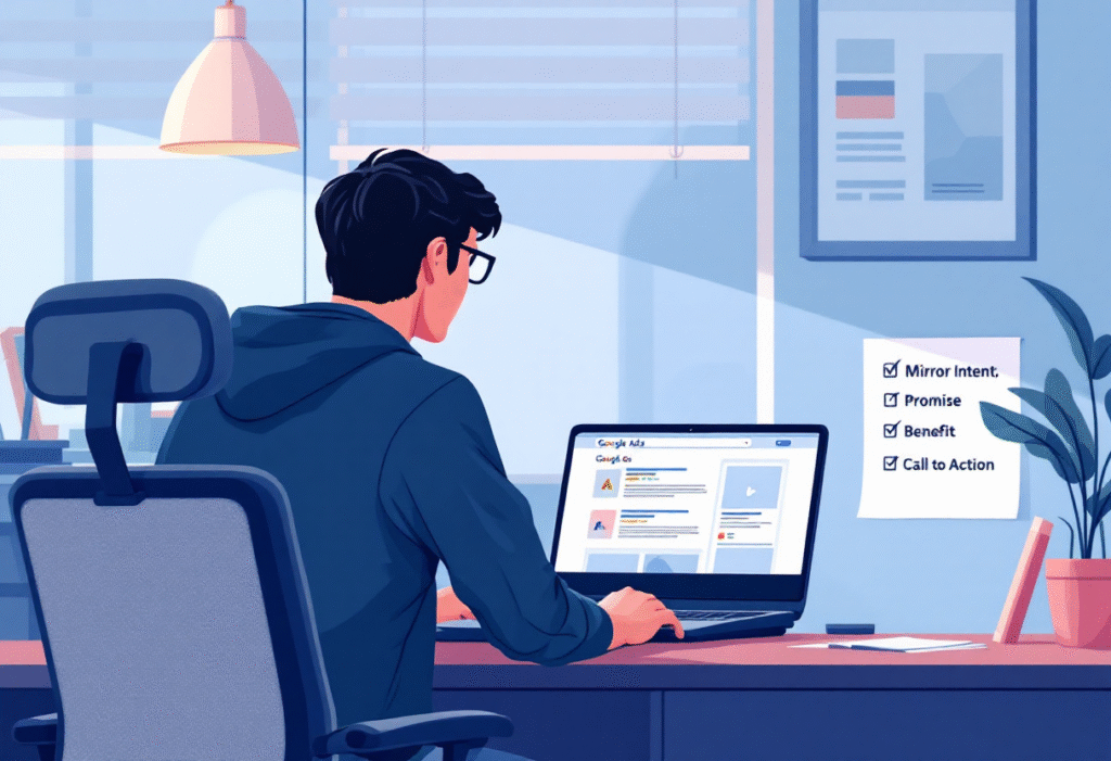 Small business owner drafting Google Ads headlines using a clear copy checklist
