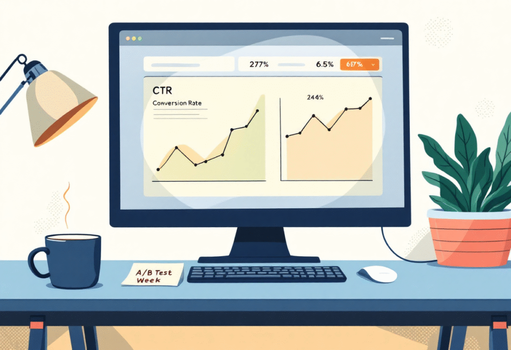 Dashboard showing clickthrough and conversion gains after ad copy A/B tests