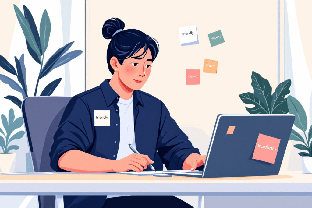 A confident small business owner sitting at a modern laptop in a bright home office, reviewing website copy with sticky notes that say “friendly,” “expert,” and “trustworthy,” minimal luxury aesthetic, soft lighting, clean white and navy color palette