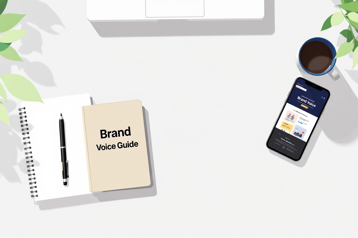 Brand voice guide notebook on a modern desk with phone and coffee