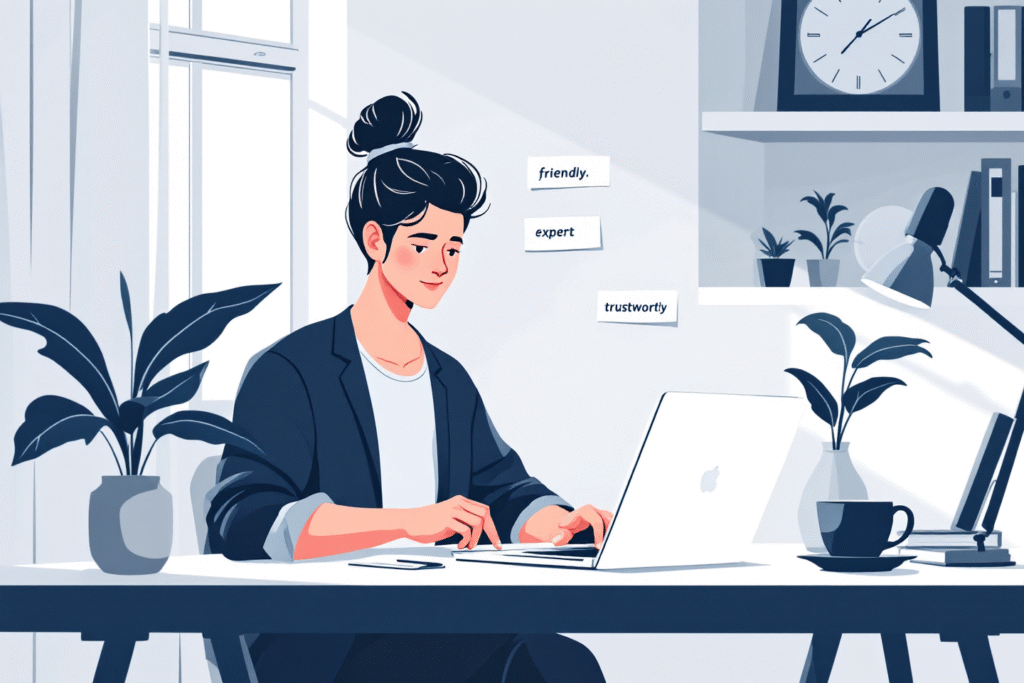 Small business owner refining brand voice at laptop in a modern home office