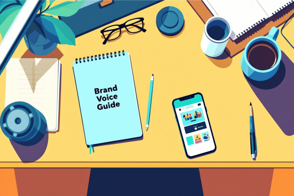 Flat lay of a stylish desk with a notebook titled “Brand Voice Guide,” a pen, a smartphone open to a website, and a coffee mug, top down view, clean and professional, perfect for a marketing blog