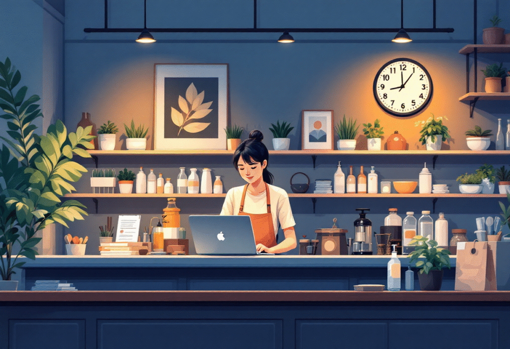 Shop owner scheduling social posts on a laptop in the early evening