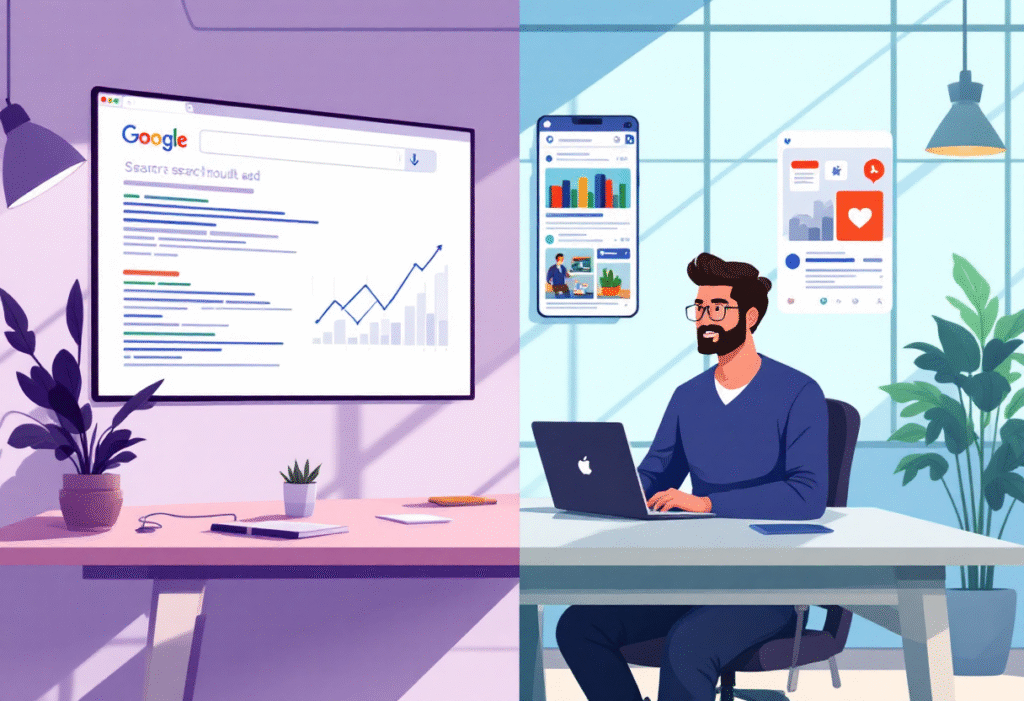 A split screen showing a search results page with a sponsored result on the left and a Facebook mobile feed ad on the right, small business owner comparing results on a laptop, clean office, natural light.