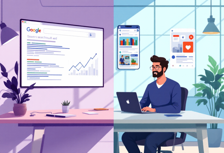 A split screen showing a search results page with a sponsored result on the left and a Facebook mobile feed ad on the right, small business owner comparing results on a laptop, clean office, natural light.