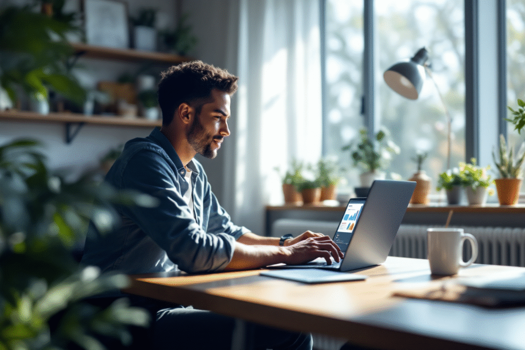 Small business owner reviewing free marketing tools dashboard on laptop