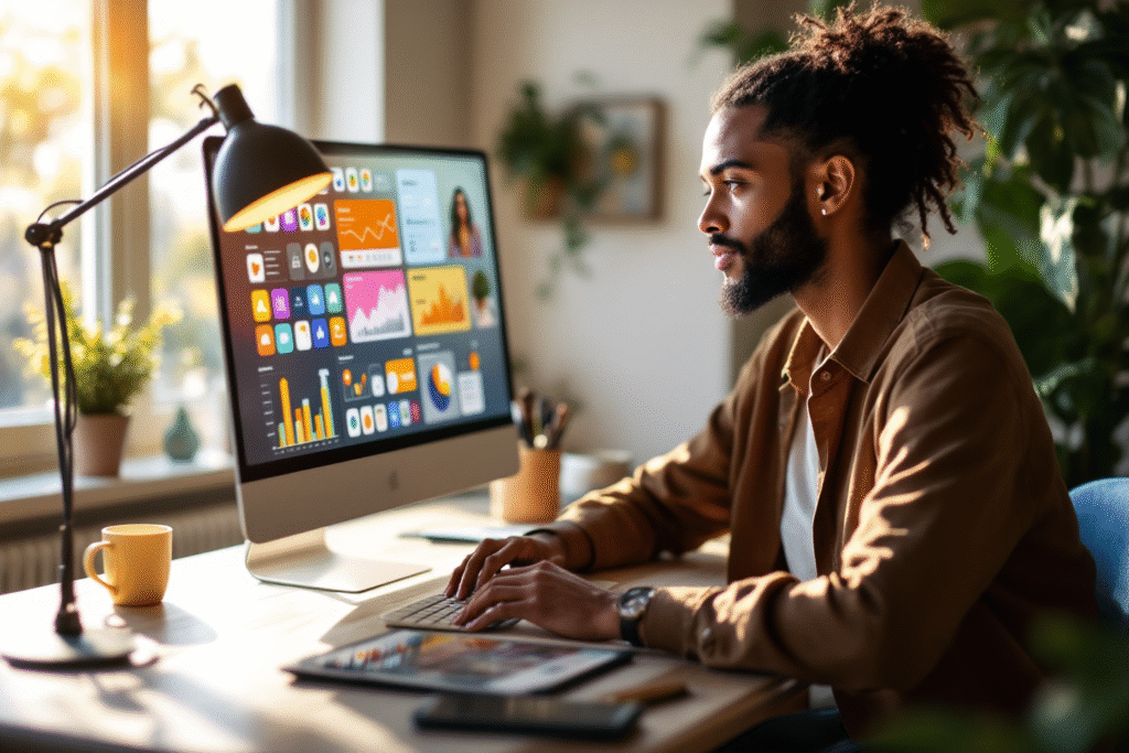 Confident small business owner in a cozy office looking at a laptop screen filled with colorful app icons and analytics charts, bright natural light, modern but approachable vibe, representing free marketing tools working together