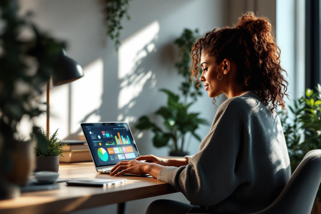 Small business owner reviewing free marketing tools dashboard on laptop