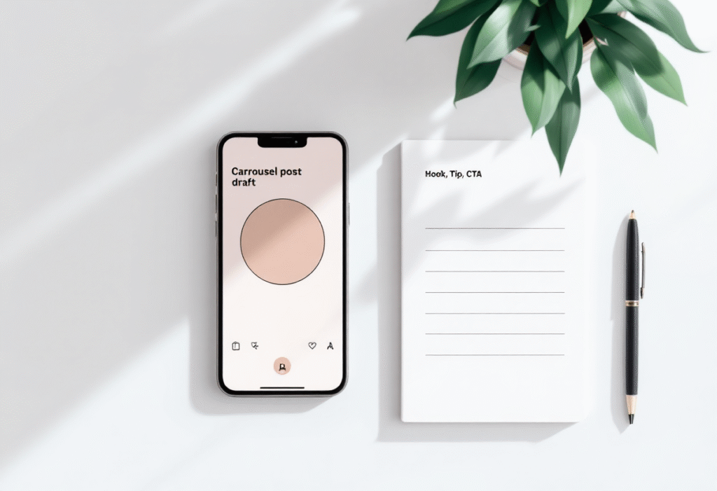 Minimal flat-lay of a phone showing a carousel post draft beside a notebook checklist that reads Hook, Tip, CTA, with soft natural light and a tidy desk.