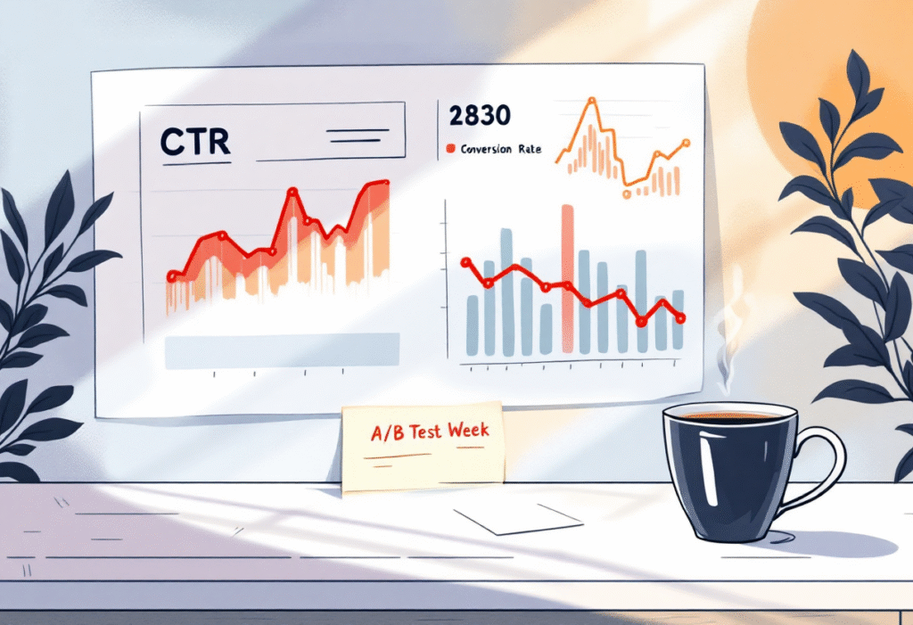 Analytics dashboard with charts for CTR and conversion rate, a notecard titled A/B Test Week, and a coffee mug on the desk, bright natural light