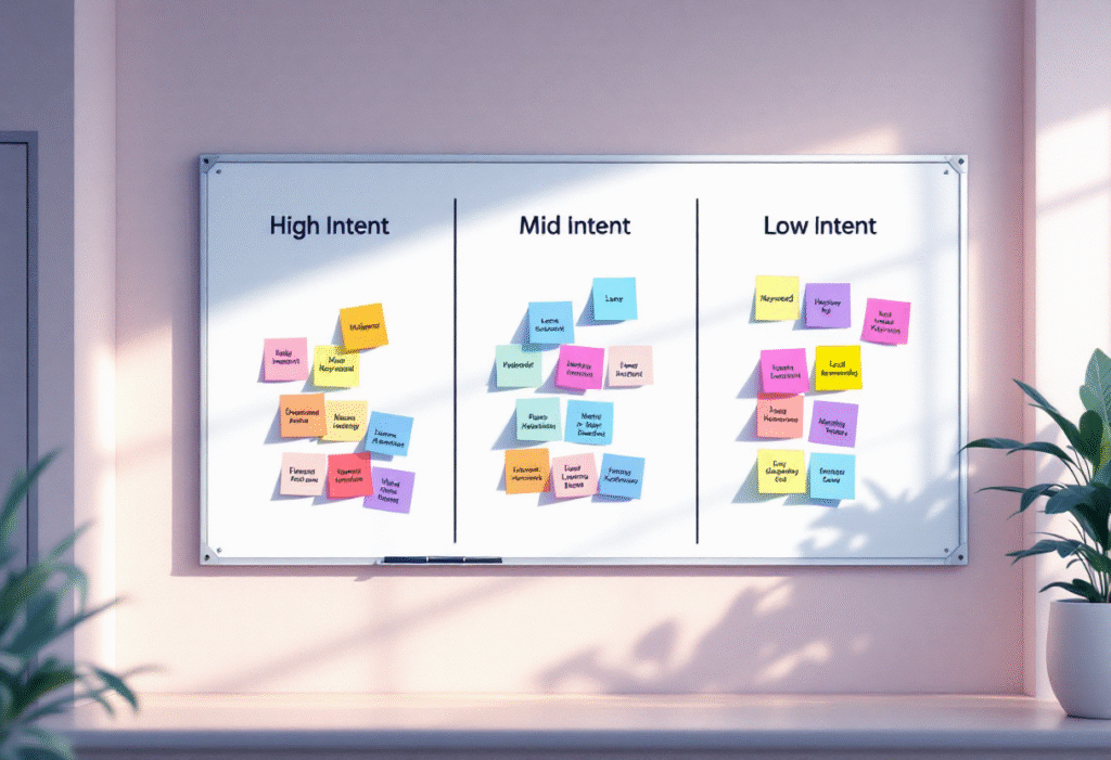 Keyword intent board showing high, mid, and low intent examples for local businesses.