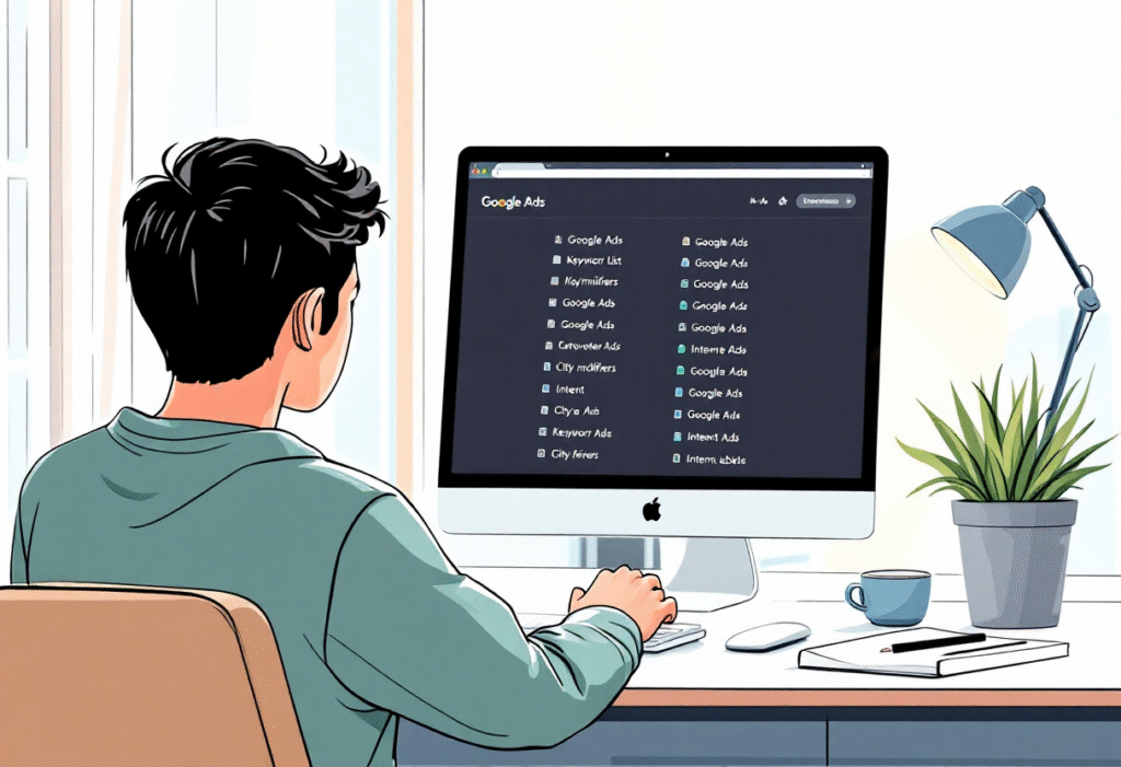 Small business owner creating a local Google Ads keyword list with city modifiers.