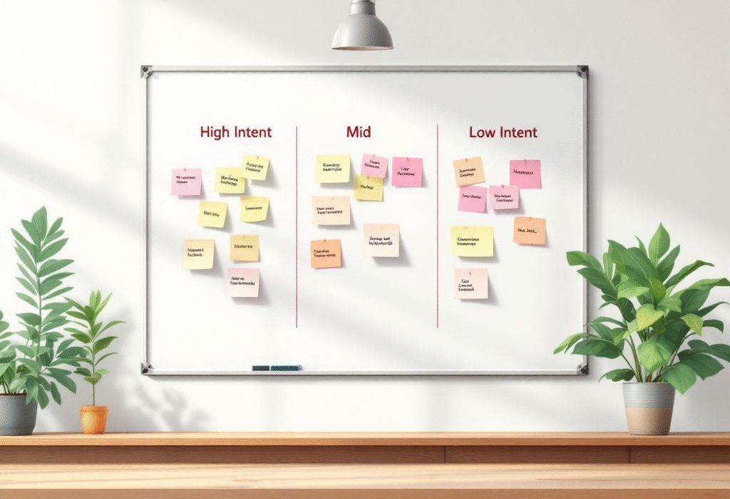 Clean whiteboard wall with three columns labeled High Intent, Mid Intent, Low Intent and sticky notes for sample local keywords, soft studio light.