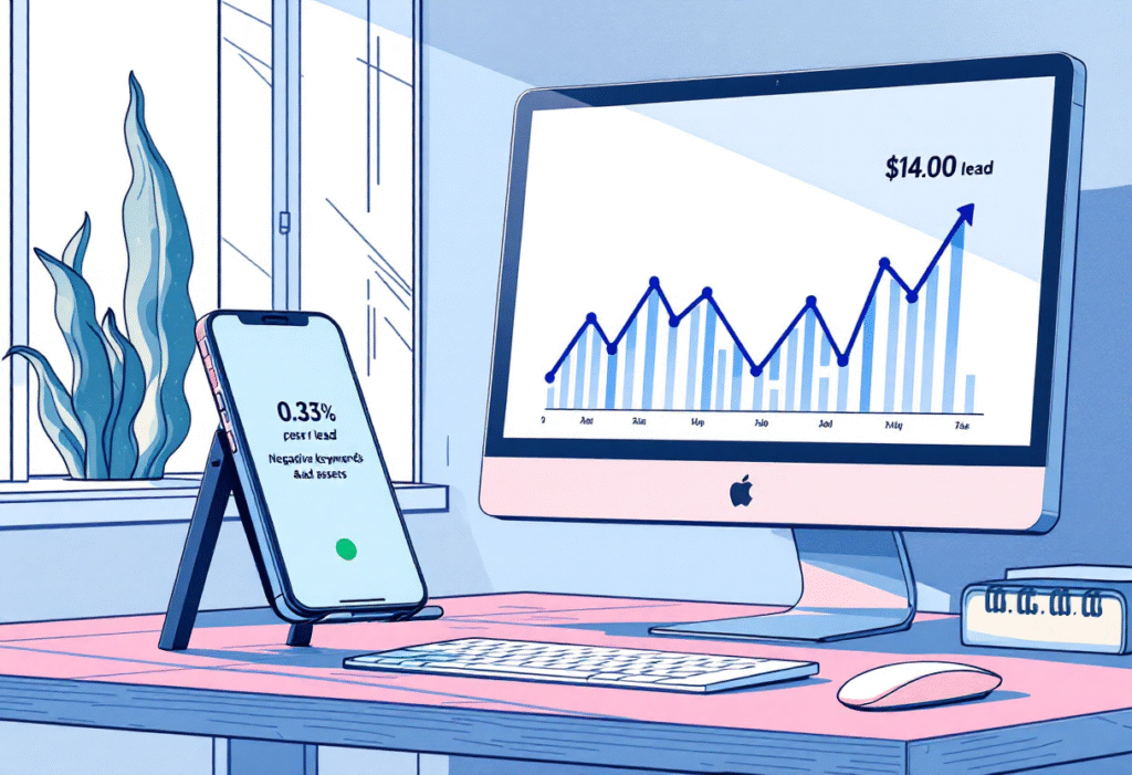 Phone on a stand ringing with a tracked lead while a desktop monitor shows improved cost per lead after adding negatives and ad assets, bright office