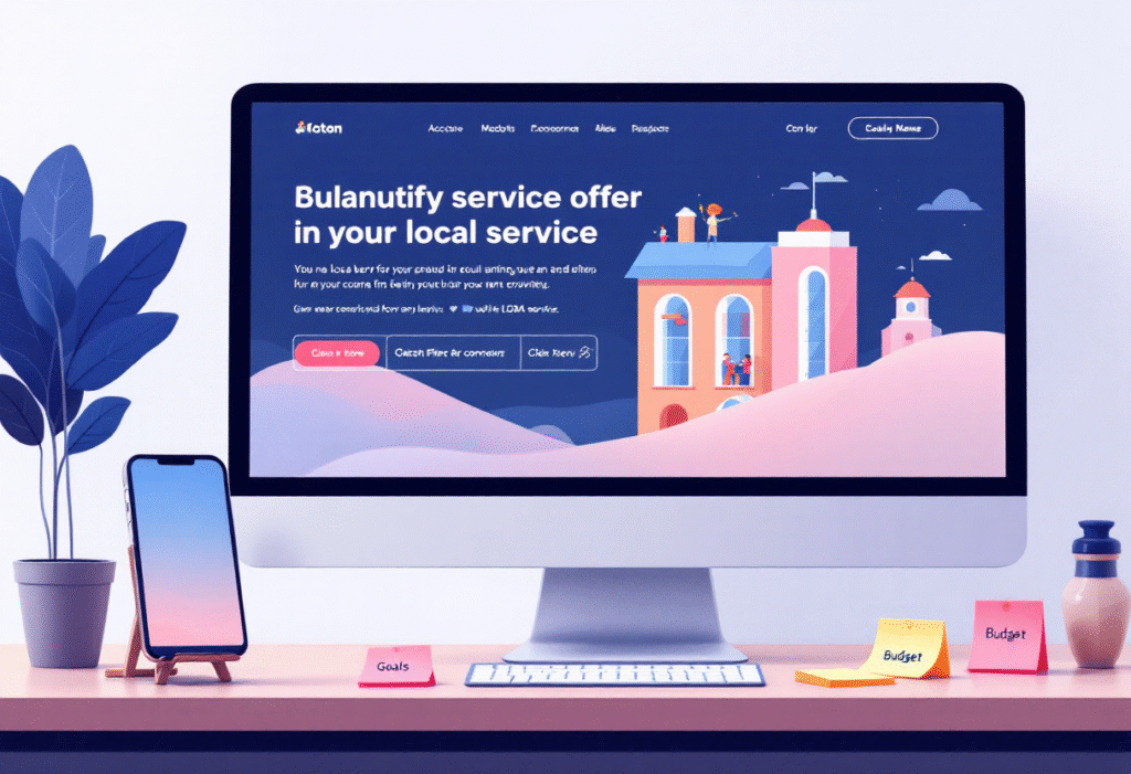 Clean landing page on a desktop monitor showing a local service offer with a bold call to action, phone on stand, sticky notes labeled Goals and Budget