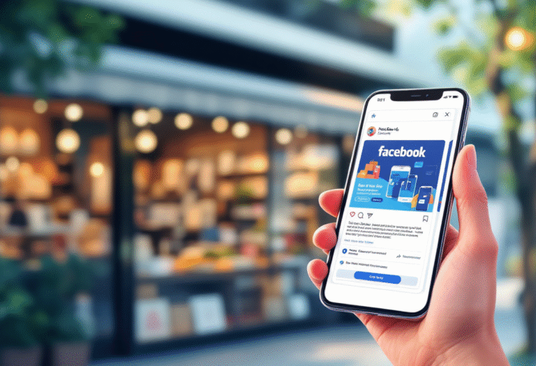 Close-up of a Facebook ad with a call to action on a phone in front of a local shop