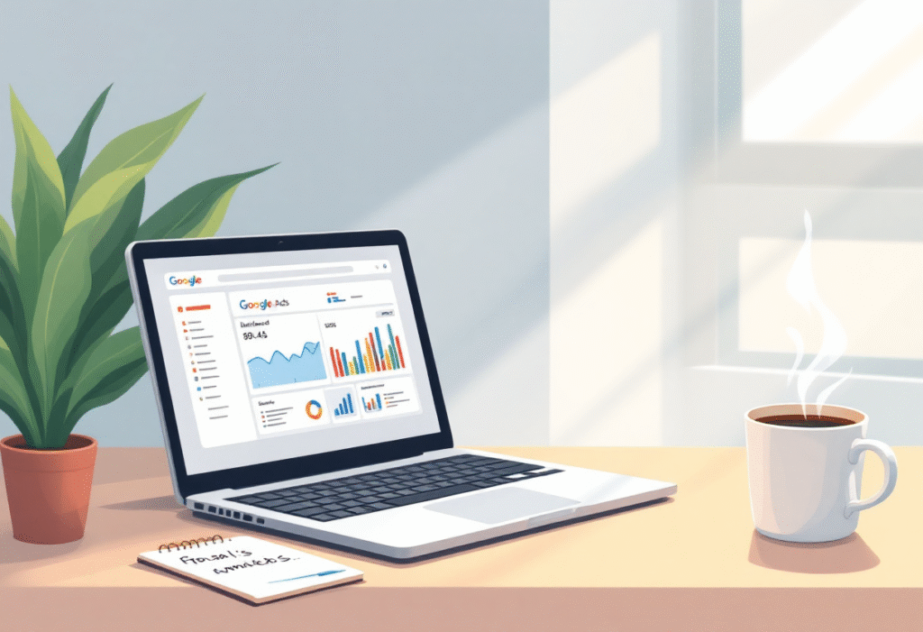 Minimal office desk with Google Ads dashboard on laptop and planning notes