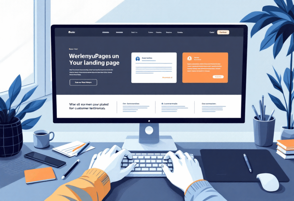 Marketer designing a conversion focused landing page with form and testimonials