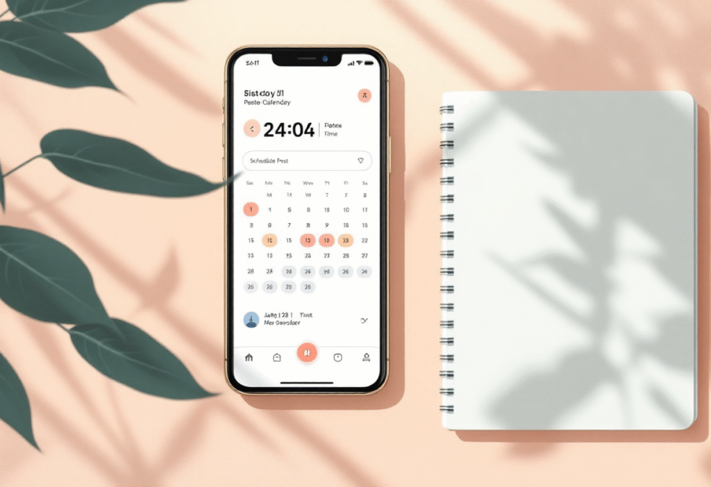 Minimal flat-lay of a phone screen showing a scheduled post calendar with highlighted time slots and a clean planner beside it, soft natural light.