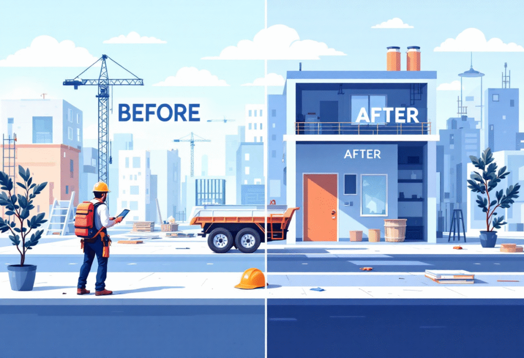 Contractor on site recording a quick before-and-after reveal, split-screen style, bold on-screen text, bright daylight, clean composition