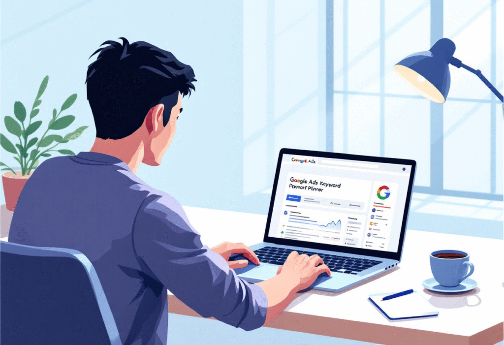 mall business owner creating a Google Ads campaign with Keyword Planner on a laptop