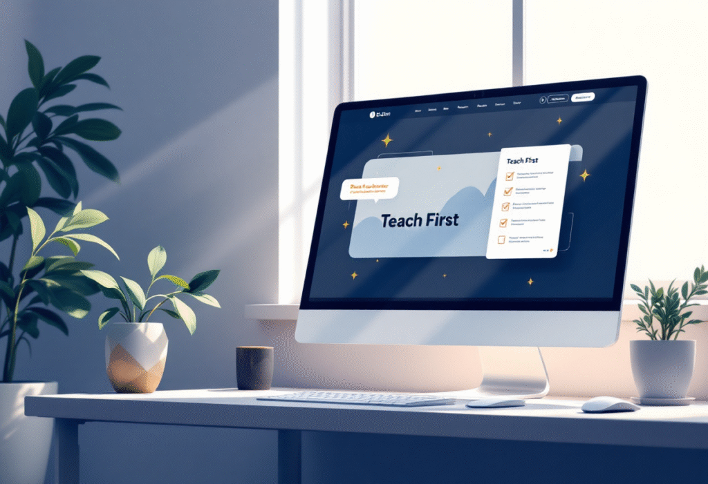 Desktop scene with a small business website open beside a checklist titled Teach First, bright natural light, clean navy and white UI, subtle gold accents, premium minimal style