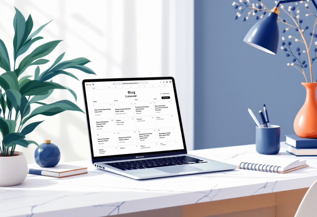 Laptop with a content calendar of blog titles and dates
